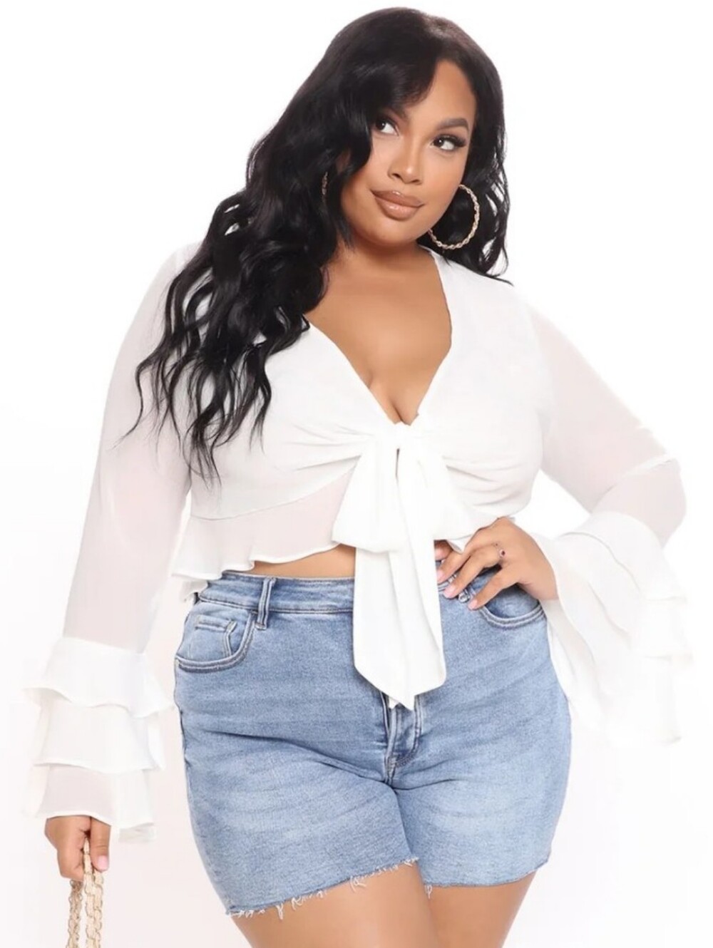 Fashion Nova White Tie-Front Ruffle Sleeve Crop Top